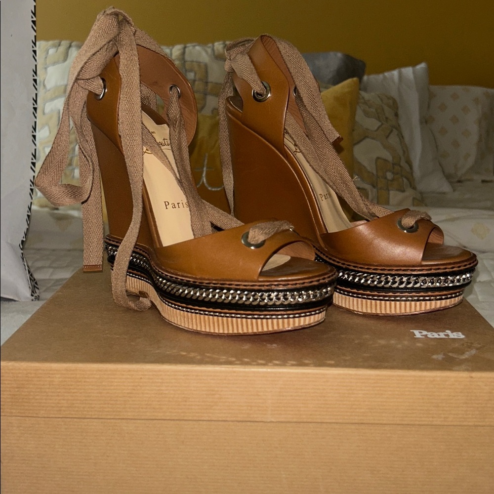 Christian Louboutin Brown Platform Wedge Sandals with Ribbon Ties